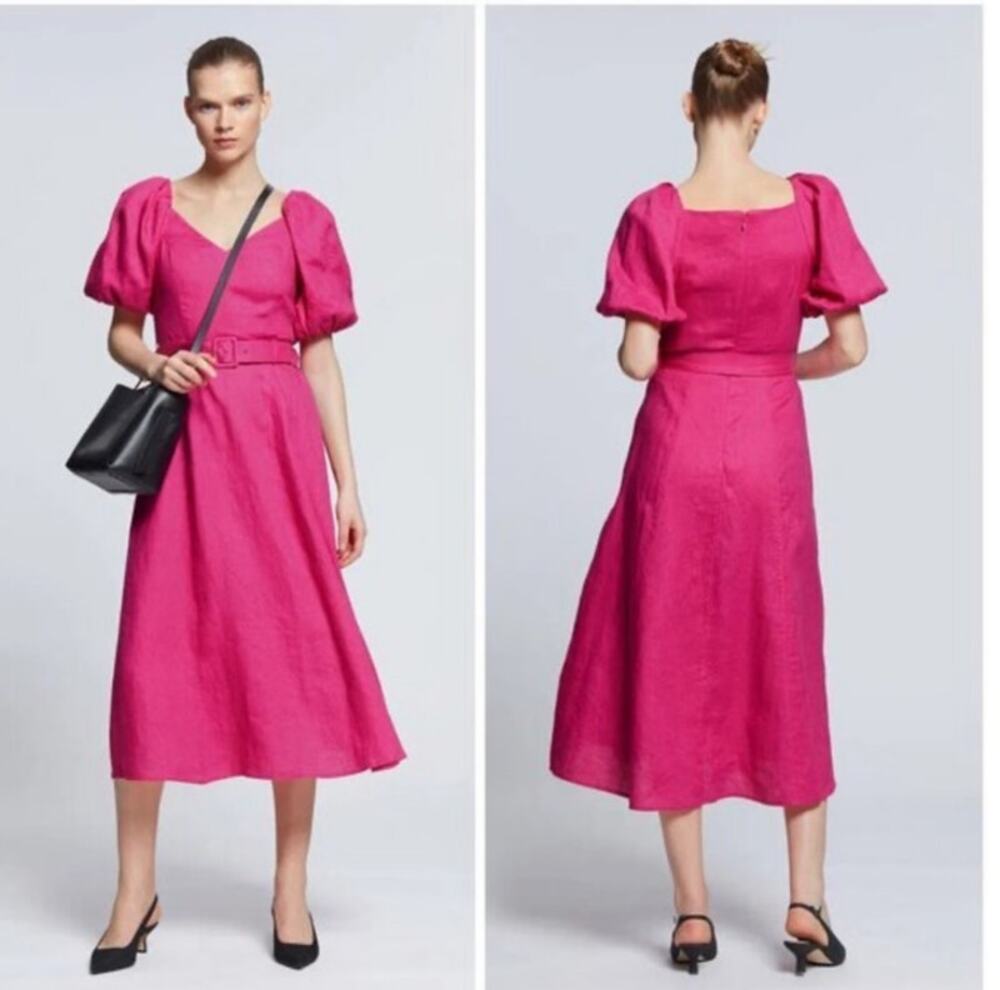 & Other Stories Pink Linen Puff Sleeve Midi Dress Cottagecore Size 2
